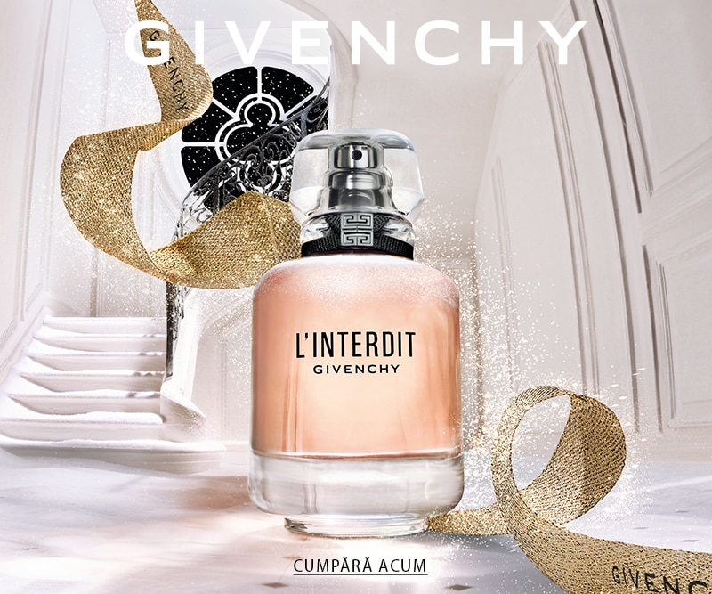 Parfum Givenchy L’Interdit – sticlă elegantă roz pe fundal alb, simbol al rafinamentului. Cumpără acum online.
